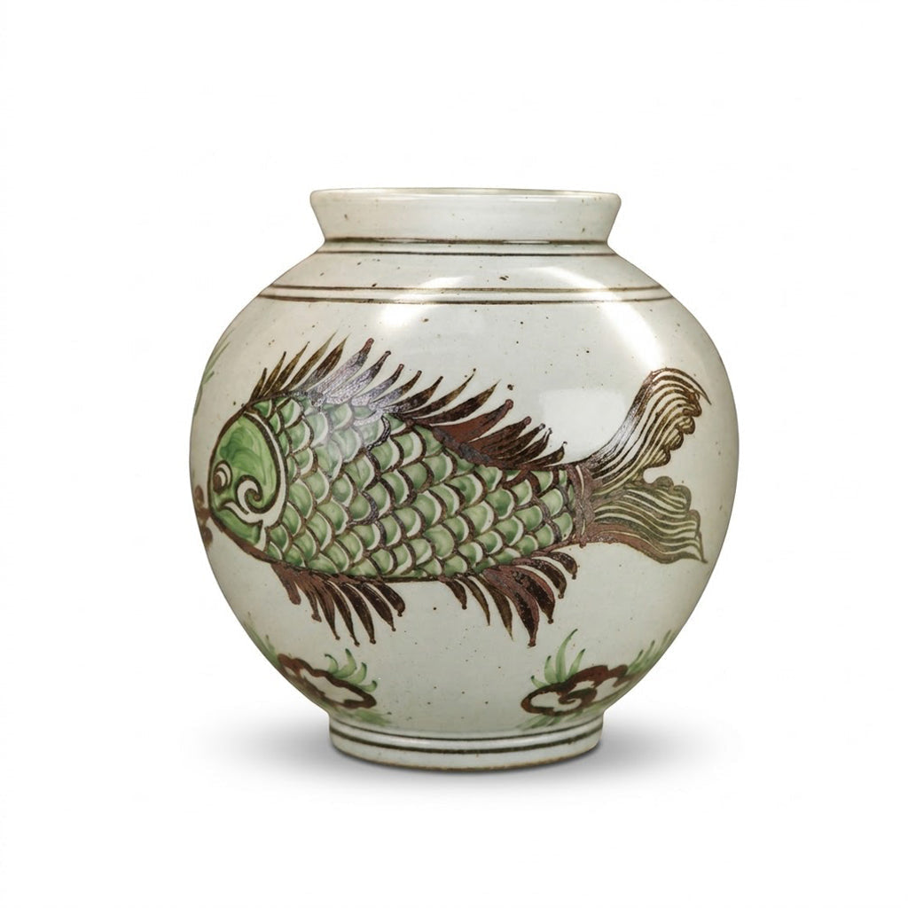 Vase in High-Fired Ceramic with Hand-Painted Motifs and Glaze