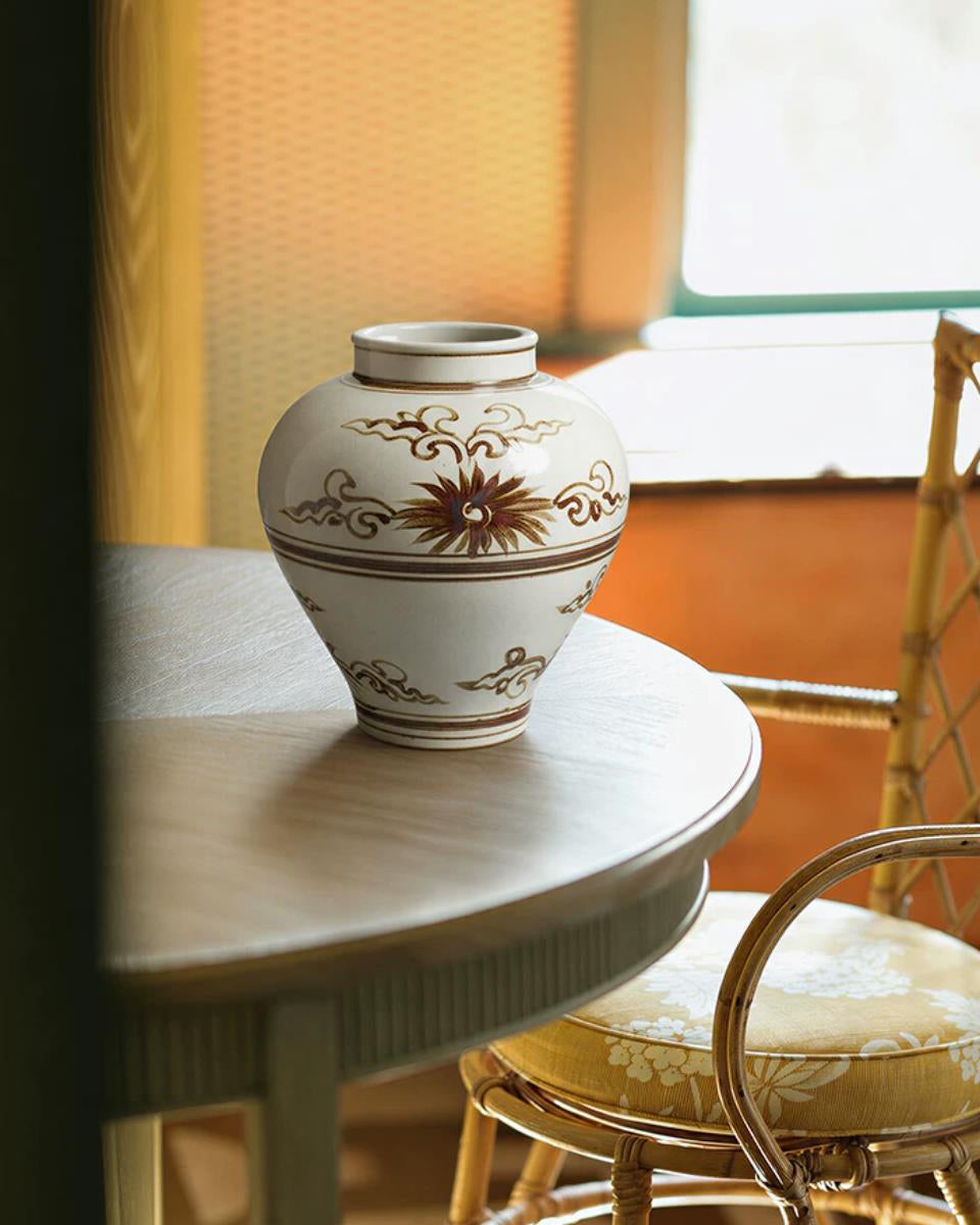 Vase in High-Fired Ceramic with Hand-Painted Motifs and Glaze