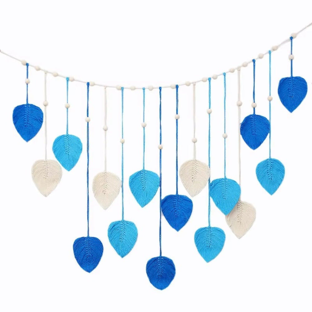 Wall Art in Handwoven Wool, Macrame Garland with Fringed Leaf Motifs