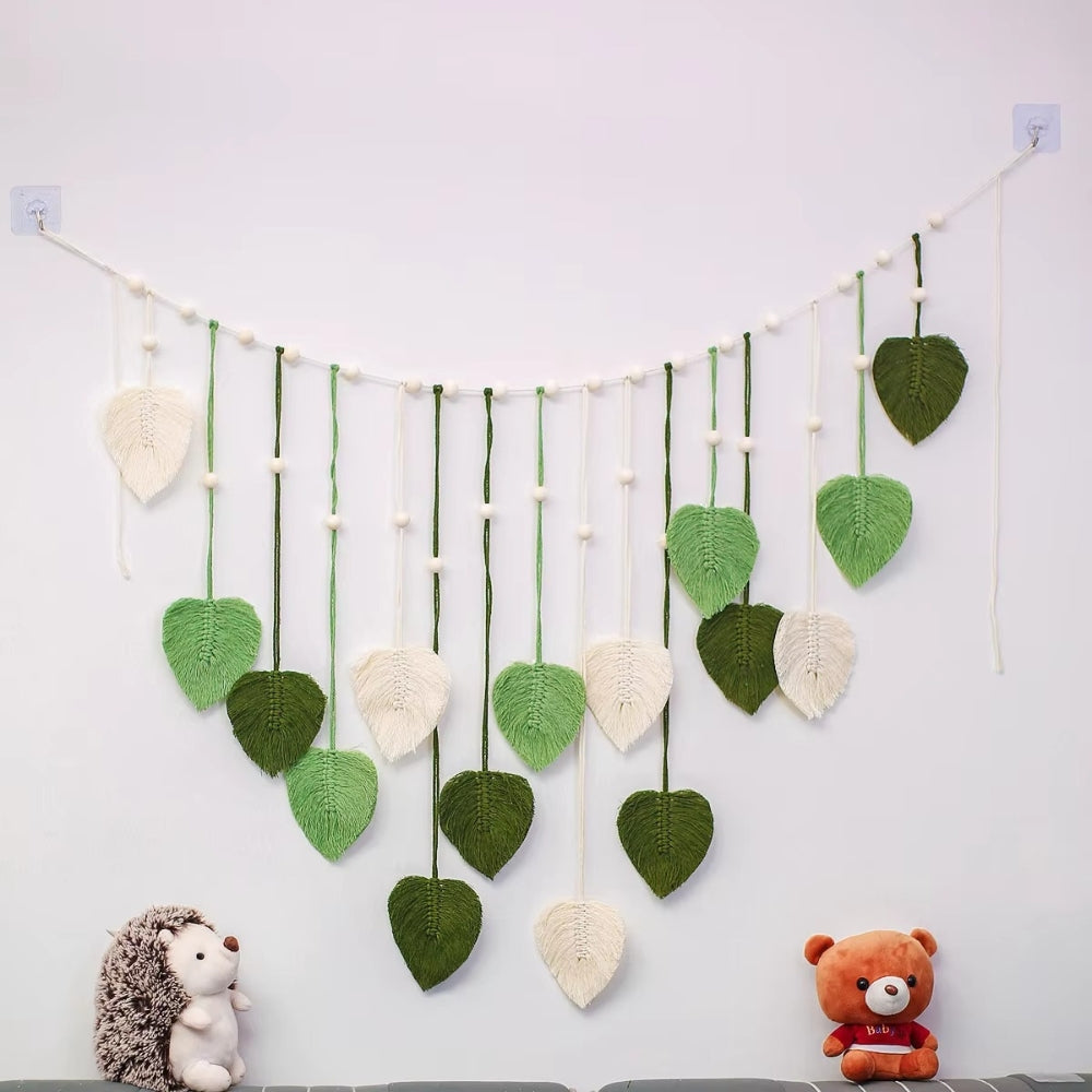 Wall Art in Handwoven Wool, Macrame Garland with Fringed Leaf Motifs
