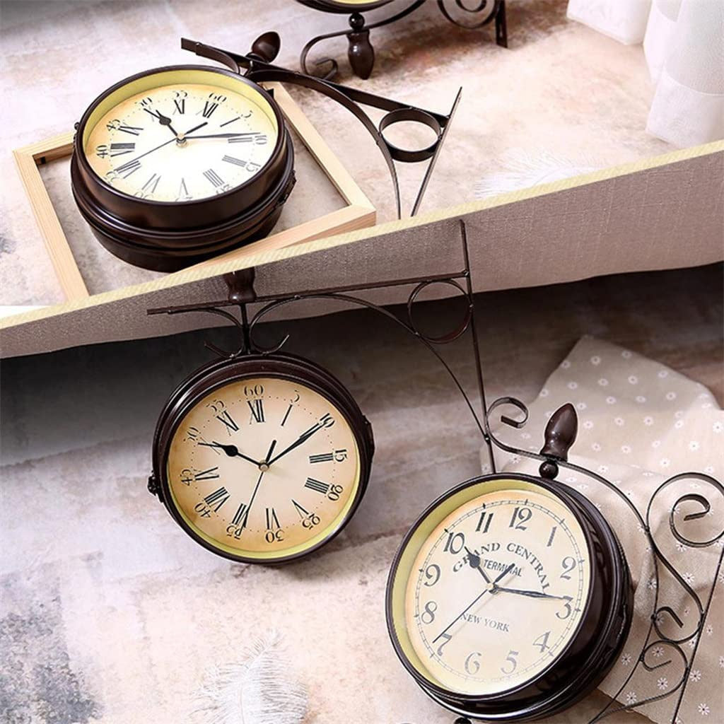 Wall Clock in Metal, Double-Sided Station Style with Silent Movement