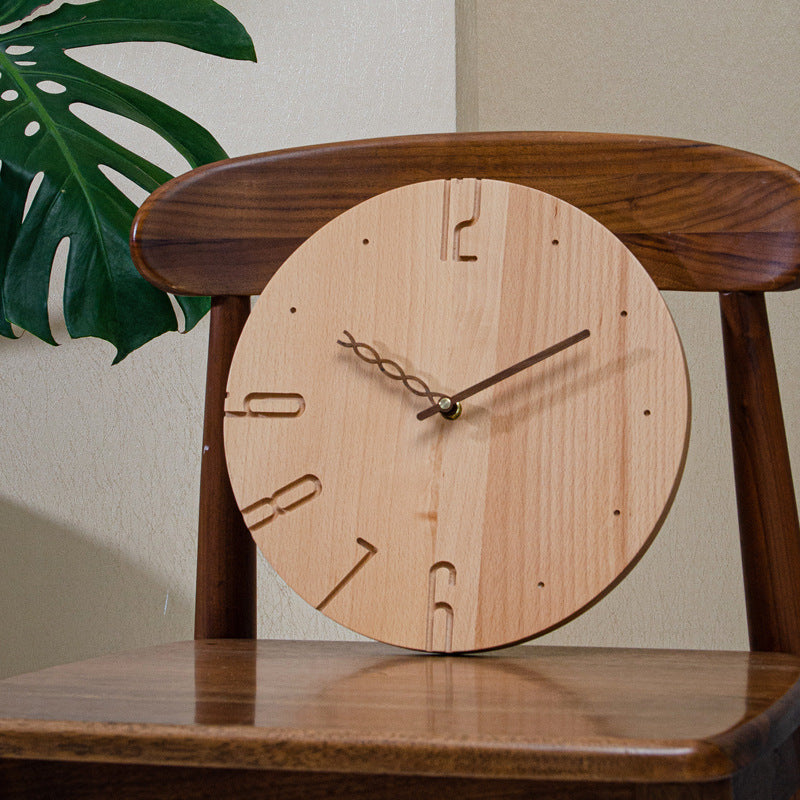 Wall Clock in Solid Beech Wood, Round Face with Dark Wooden Hands