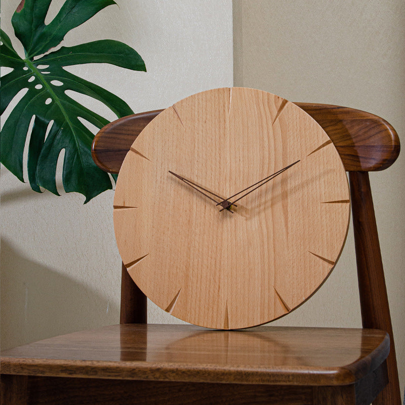 Wall Clock in Solid Beech Wood, Round Face with Dark Wooden Hands