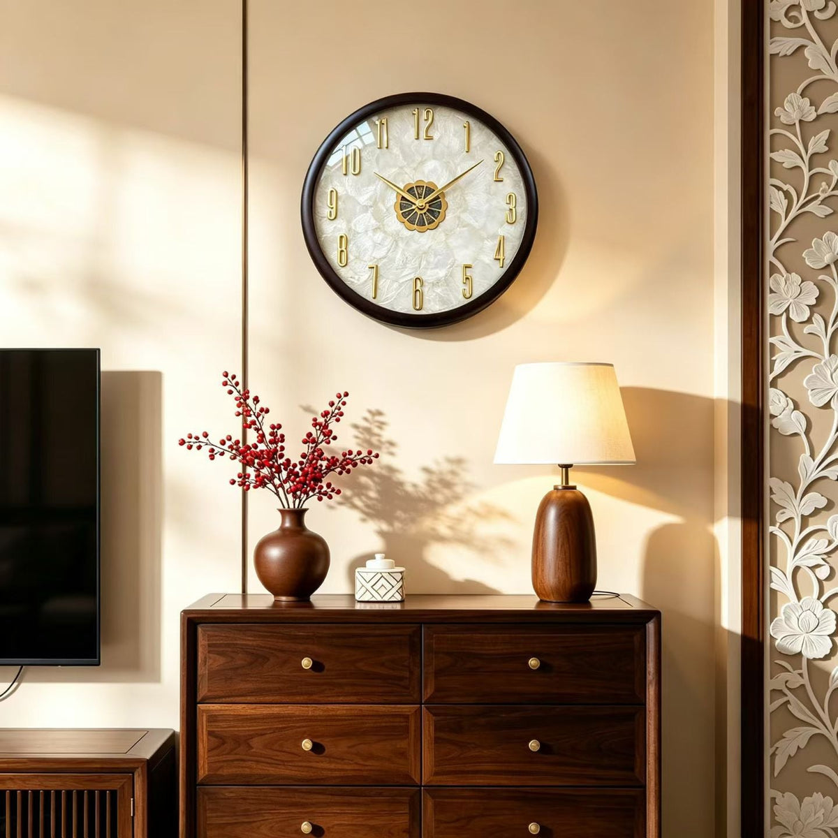 Wall Clock in Solid Wood with Mother-of-Pearl Dial, Silent Movement