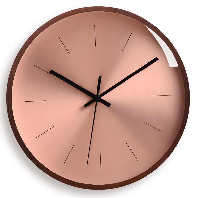 Wall Clock in Walnut Wood with Brushed Rose Gold Metal Dial