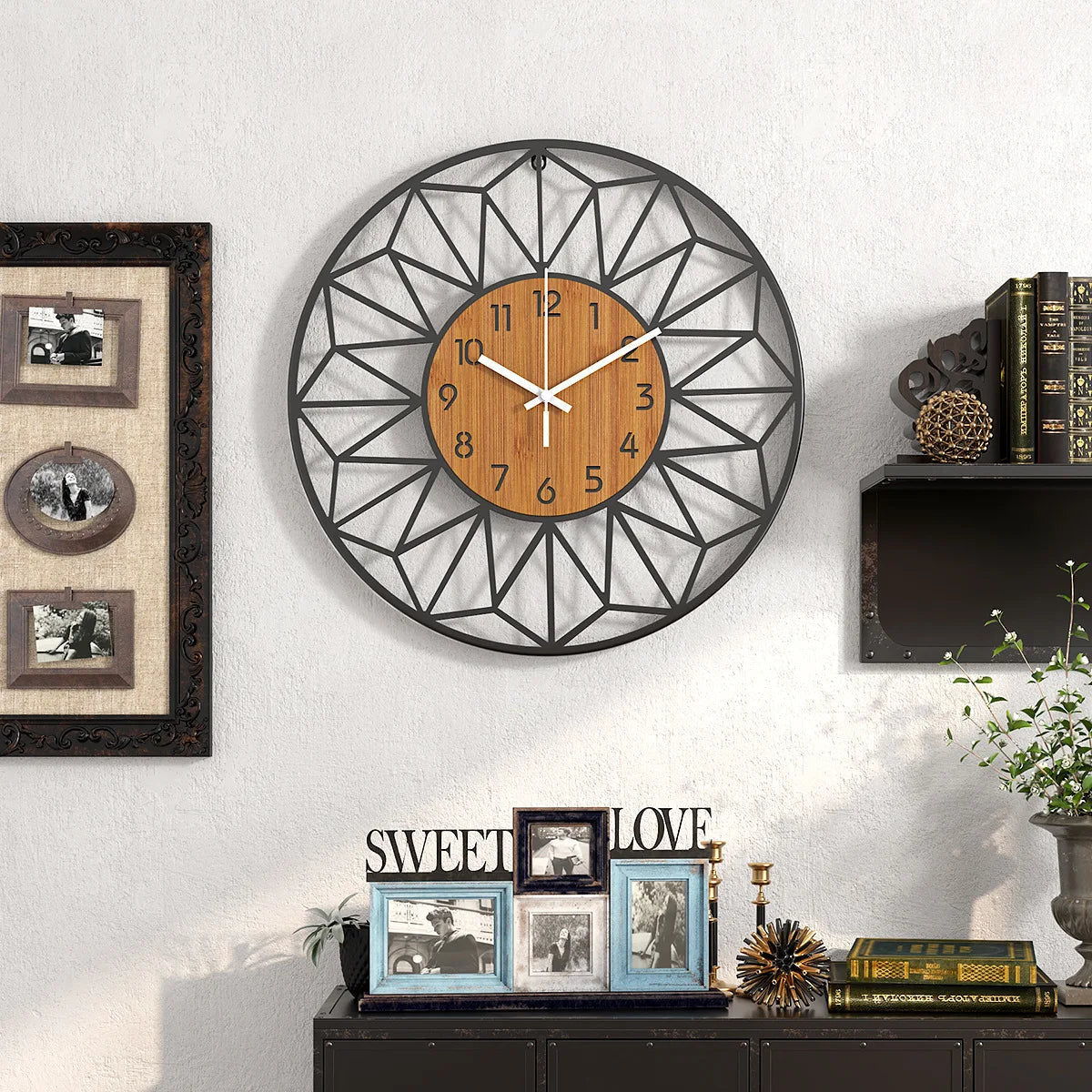 Wall Clock with Geometric Metal Frame, Silent Quartz Movement