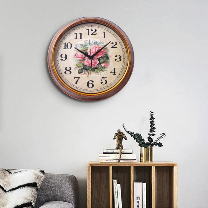 Wall Clock with Large Numerals, Round Wood-Effect Frame and Floral Dial