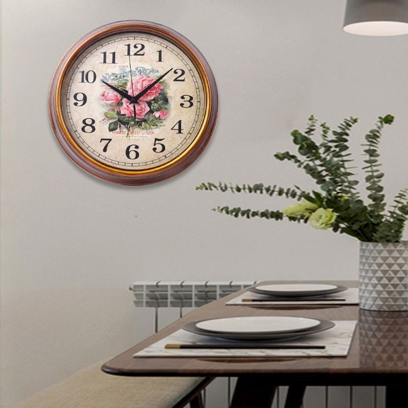 Wall Clock with Large Numerals, Round Wood-Effect Frame and Floral Dial