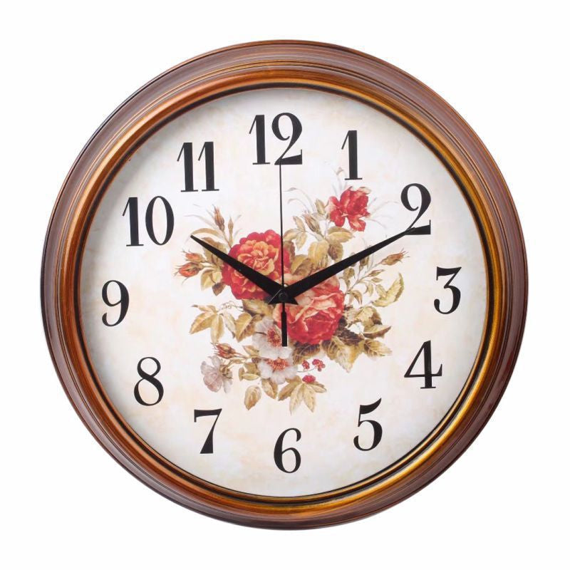 Wall Clock with Large Numerals, Round Wood-Effect Frame and Floral Dial