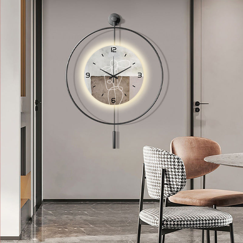 Wall Clock with Pendulum, Powder-Coated Metal Ring and Stone-Effect Dial