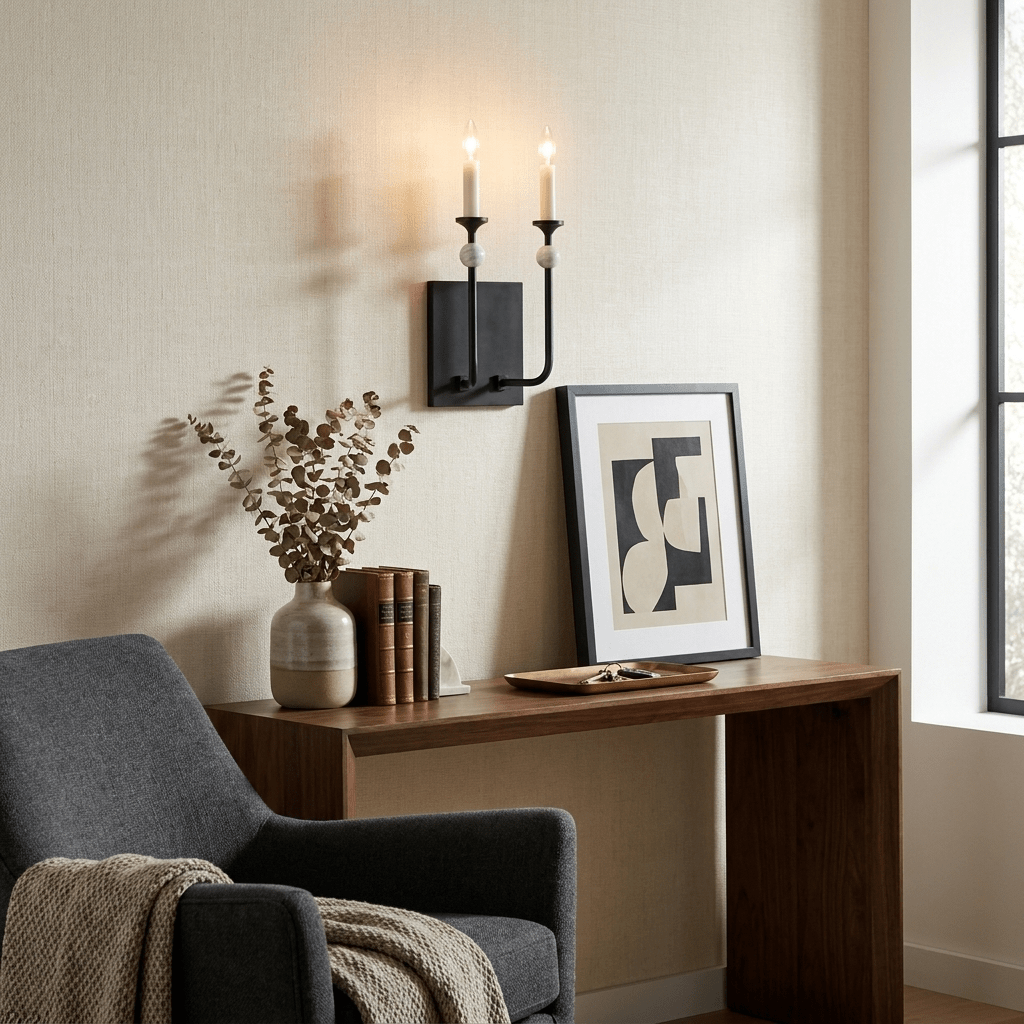 Wall Light in Metal with Marble Spheres, Candle-Style Sconce