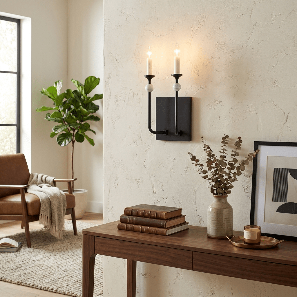 Wall Light in Metal with Marble Spheres, Candle-Style Sconce