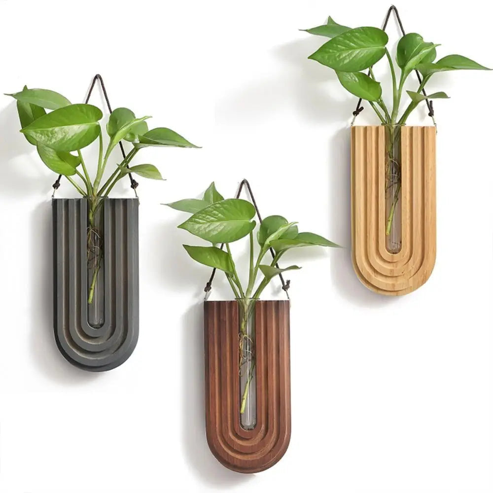Wall Vase with Handmade Wooden Frame and Removable Ribbed Glass Tube
