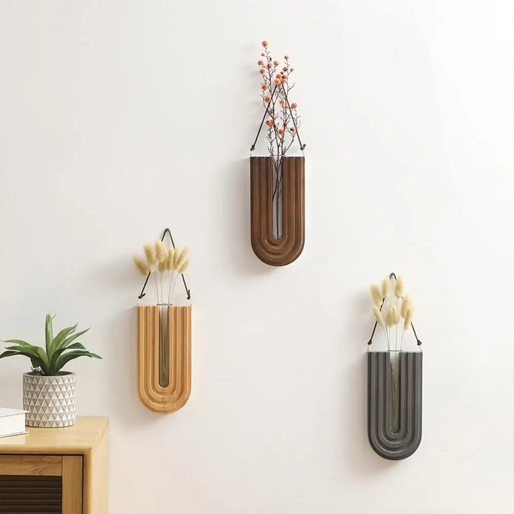 Wall Vase with Handmade Wooden Frame and Removable Ribbed Glass Tube