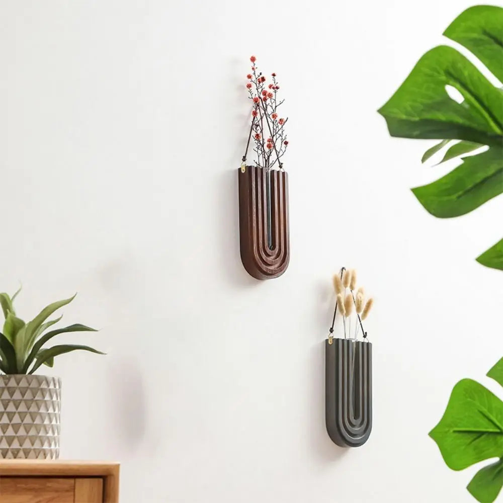 Wall Vase with Handmade Wooden Frame and Removable Ribbed Glass Tube