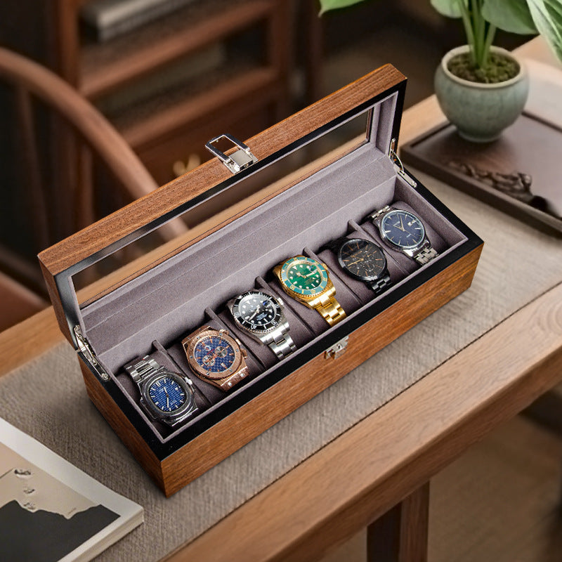 Watch Box in Walnut Veneer with Glass Lid and Velvet Cushions