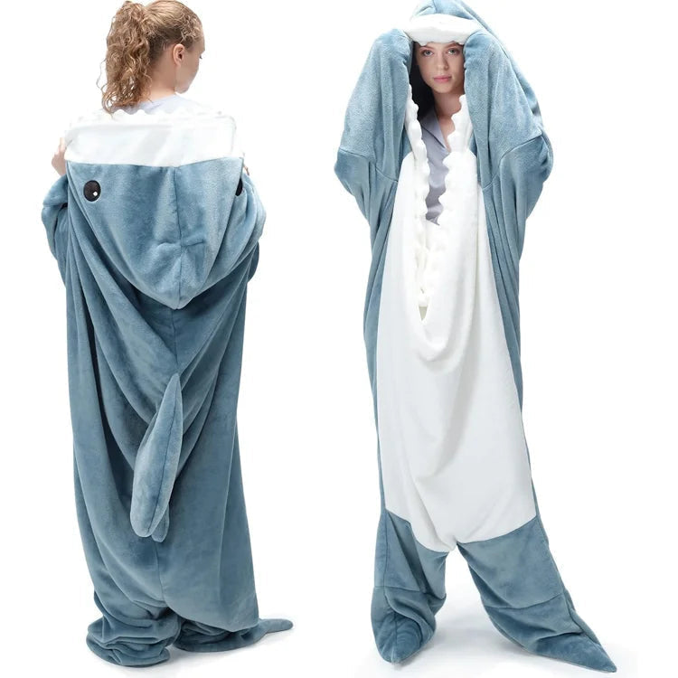 Wearable Blanket in Flannel with Sleeves and Shark-Shaped Hood