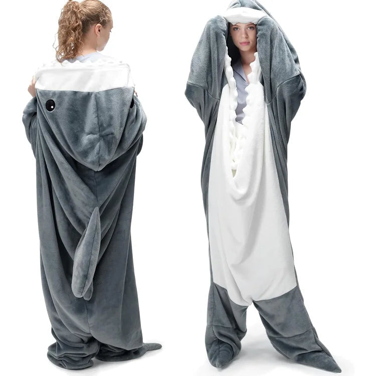 Wearable Blanket in Flannel with Sleeves and Shark-Shaped Hood