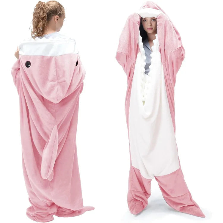 Wearable Blanket in Flannel with Sleeves and Shark-Shaped Hood